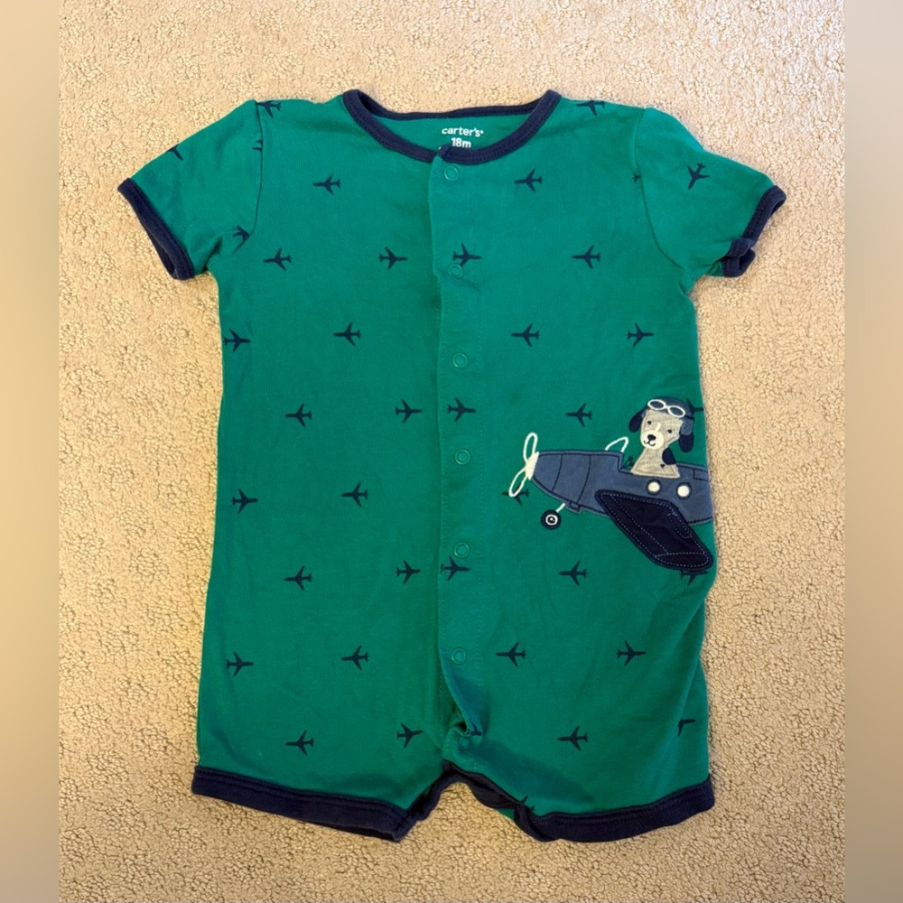 Carter’s 18M Puppy Pilot Airplane Romper Teal Green Snap One Piece